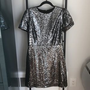 Silver sequin mini dress.
